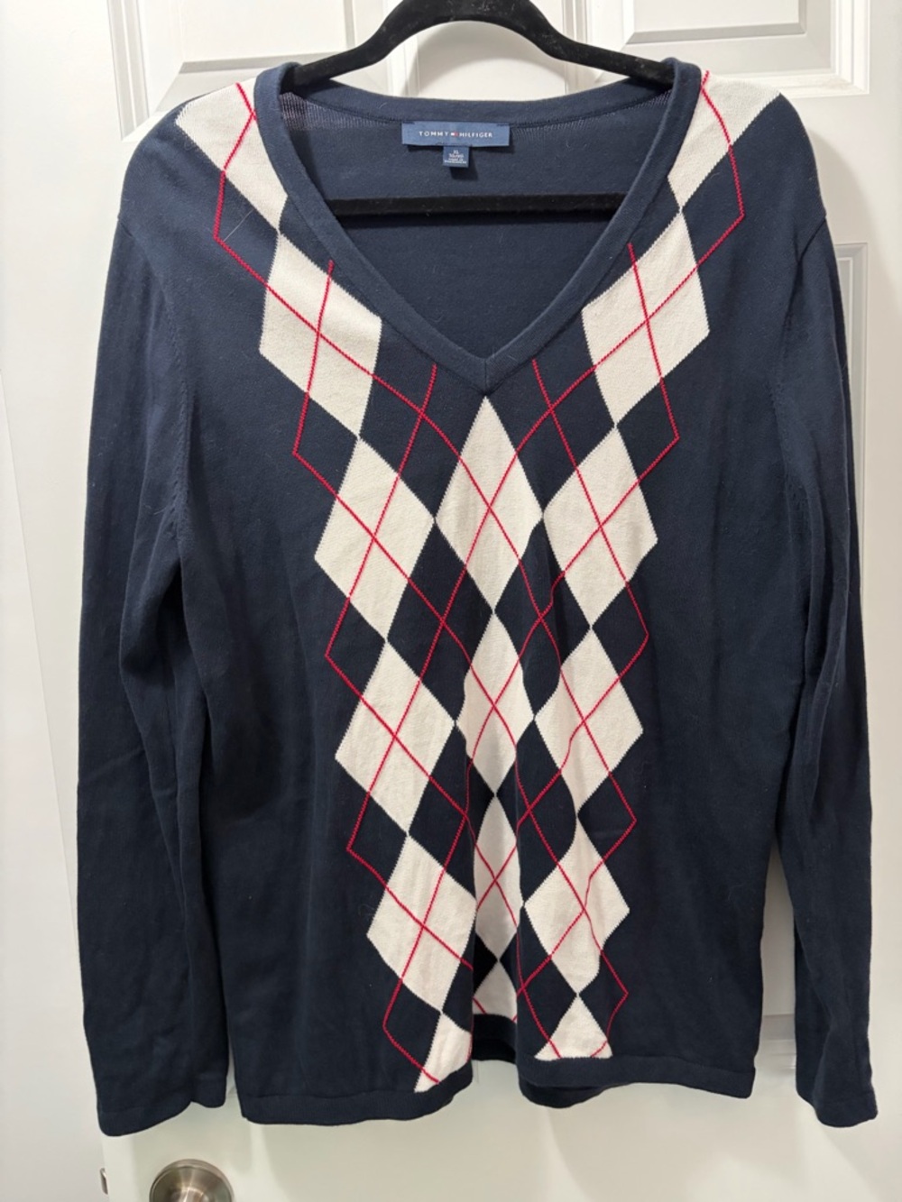 Tommy Hilfiger Argyle Navy Knit Crewneck Sweater  Red White and Blue